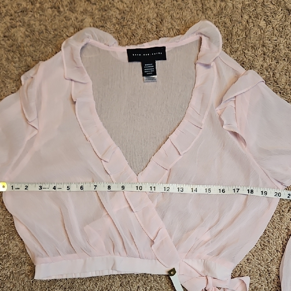 Know One Cares Sheer Mesh Pink Ruffle Wrap Blouse - Picture 7 of 8